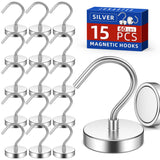 Junarter 15 Pack Silver Metal Magnetic Hooks,60lb+ Heavy Duty Strong Magnets with Hooks for Cruise Ship Walls,Strong Magnetic Ko