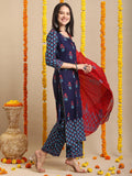 Anni Designer Women'S Rayon Blend Straight Printed Kurta With Pant & Dupatta (Masumi Blue-Vks01_M_Blue_Medium),Blue,M,,,