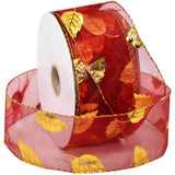 Morex Ribbon Gilded Leaves Wired Organza, Fall Home D cor, 2.5 inch by 50 Yards, Red/Gold