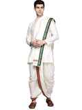 Manyavar Kurta Dhoti Set for Men, Full Sleeves Mandarrin Collar, Art Silk Self Men's Kurta South Dhoti Set (Cream) (XL)