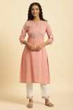 W For Woman Pink Embroidered Cotton Straight Long Glitter Metallic Kurta