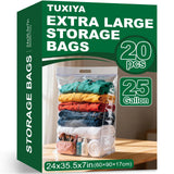 20 PACK 25 Gallon Extra Large Storage Bags, 35.5x 24x 7 Resealable Clear Zipper Bags with Handle, Heavy Duty Big Bag for Clothes