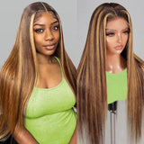 OOVVDA 26 Inch Ombre Highlight 13x6 Lace Front Wigs Human Hair 200% Density HD Transparent Pre Plucked Straight Lace Front Wigs