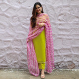 Anni Designer Women'S Cotton Blend Straight Printed Kurta With Pant & Dupatta (Jam001-Light Green_M_Dark Blue_Medium),Light Green,M,Cotton Blend,Regular,Dupatta