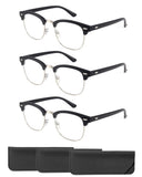 CCVOO 3 Pack Reading Glasses Blue Light Blocking, Retro Semi Rimless Readers for Men Women, Round Eyewear Filter UV400