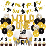 JOYMEMO Wild One Birthday Party Decorations Set, Black Gold Wild One Balloons, I 'll Eat You Up I Love You So Banner, Cake Toppe