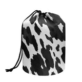 Poceacles Black White Cow Print Travel Makeup Bag Portable Drawstring Cosmetic Bag for Women, Foldable Barrel Toiletry Case Orga