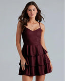 Addyvero V-Neck Shoulder Straps Sleeve Glam Glitter Ruffled Tiered Fit Above Knee Length Women Solid Fit And Flare Dress (Maroon, Xl)