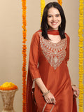 Anni Designer Women'S Rayon Viscose Embroidered Straight Kurta With Pant & Dupatta (Galpatiyo Mustard-Vks03_Xl_Mustard_X-Large),Mustard,XL,,,