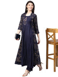 Ishin Women'S Rayon Navy Blue Embroidered Anarkali Kurta Palazzo Set With Jacket Navy Blue L