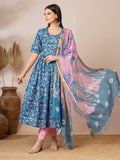 Anni Designer Women'S Cotton Blend Anarkali Printed Kurta With Pant & Dupatta (Nina Kerocin-Vks01_L_Blue_Large),Blue,L,,,