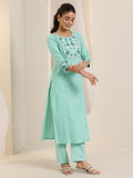 Libas Womens Woven Design Cotton Straight Kurta With Trousers And Dupatta Green Xl