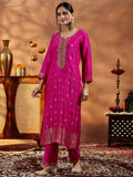 Libas Womens Woven Design Silk Blend Straight Kurta With Palazzos And Dupatta Pink Xs