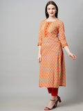 Anni Designer Women'S Cotton Blend Traditional Straight Printed Kurta And Pant Set (09 Amd Orange_L_Orange_Large),Orange,L,Cotton Blend,Regular,Pants