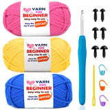 3 Pack Beginner Crochet Kit - Cotton-Nylon Blend Yarn for Crocheting & Knitting - Easy-to-See Stitches - 3x50g - Blue, Yellow, H