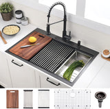 30 Inch Black Drop in Kitchen Sink Workstation -VOKIM 30 x 22 Inch Drop in sink 16 Gage Stainless Steel Top Mount Single Bowl 10