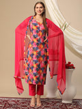 Anni Designer Women'S Cotton Blend Printed Straight Kurta With Pant & Dupatta (Axel Red_Xxl_Red_Xx-Large),Red,2XL,,,