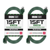 Pack of 2 Outdoor Extension Cords, 15 FT ea - 16/3 Durable Green 3 Prong Extension Cord Pack