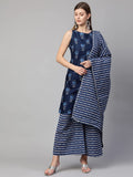 Anni Designer Women'S Cotton Straight Kurta With Palazzo & Dupatta (Kpzd-Cot-10060-Blue_M_Blue_Medium),Blue,M,Cotton,Straight,