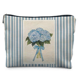 Likjad Blue Hydrangea Makeup Bag, Coquette Bow Floral Cosmetic Bags for Women, Blue Striped Hydrangea Flower Makeup Pouch, Flora