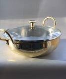 KITCHEN NEXT Pure Brass Kadhai Wok with Kalai with Handles Super Finish Kadhai with Glass Lid for Cooking & Serving 2.5 LTR