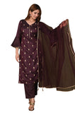 Gosriki Women'S Silk Blend Straight Printed Kurta With Pant And Dupatta (Ritu-Brown_S-Go Brown_Small),Brown,,B09S3BGWDG
