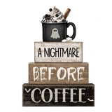 Lineshading 4 Pcs Halloween Table Decorations Spooky Coffee Wooden Stacked Block Decor, A Nightmare Before Coffee Signs with Gho