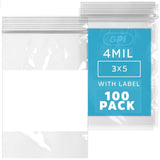 GPI - 3 x 5 - Bulk Pack of 100, 4 Mil Thick, Heavy Duty, Clear Plastic Reclosable Zip Bags, With Write-on White Block for Labeli