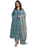 Anni Designer Women'S Cotton Blend Block Printed Straight Kurta With Pant & Dupatta (Nihira Blue_L_Blue_Large),Blue,L