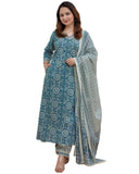 Anni Designer Women'S Cotton Blend Block Printed Straight Kurta With Pant & Dupatta (Nihira Blue_Xl_Blue_X-Large),Blue,XL
