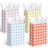 Kolldenn 24 Pcs Pastel Gingham Party Supplies Gift Bags with Handles Kraft Paper Checkered Plaid Treat Candy Goodie Bags for Bir