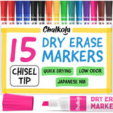 Chalkola Dry Erase Markers Chisel Tip (15 Pack, 12 Colors) | Dry Erase Pens - Non toxic, Low odor Whiteboard Markers for Kids, T