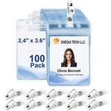 Clear Vertical Name Tag Holders with Metal Clips, 100 Pack Waterproof PVC ID Card Badge Holder Bulk, Plastic Name Badge Holders