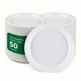 RW Base 10.4 Inch Microwavable Food Plates, 50 Round Plastic Plates - Disposable, Heavy-Duty, White Plastic Dinner Plates, Serve