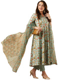 Anni Designer Women'S Cotton Blend Anarkali Printed Kurta With Pant & Dupatta (Meets-Green_Xxl_Green_Xx-Large),Green,2XL