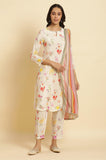 W Cream Floral Printed Women'S Kurta Dupatta Bottomwear Set