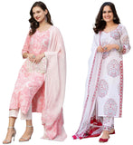 Anni Designer Women'S Cotton Blend Printed Straight Kurta With Pant & Dupatta Pack Of 2 (Combo-Prem Pink-Cup-Off White_Xxl_Multi_Xx-Large),Multicolour,2XL