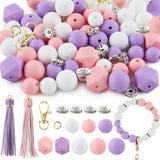 Sunrony 60Pcs Mixed Pink Purple White Tassels Keychains Rhinestone Spacer Round Hexagon Silicone Beads for Keychain Making and N