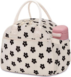 Carry bloom Lunch Box for Women, Insulated Lunch Bag Cute Corduroy Lunchbag Reusable Lunchbox for Work (flower black)