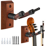 SNIGJAT Violin Wall Mount, 2 Pack Hardwood Violin Hanger with Bow Holder, Vertical Wall Hook Display Stand Fits 4/4 3/4 1/2 1/4