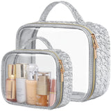 PACKISM TSA Approved Toiletry Bag - 2 Pack Ruched Textured Clear Makeup Bag, Metallic Silver, with 180 Large Opening and Support