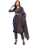 Anni Designer Women'S Cotton Blend Straight Printed Kurta With Pant & Dupatta (Patni Blue_M_Blue_Medium),Blue,M