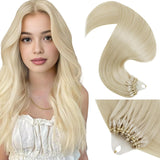 LaaVoo Micro Link Hair Extensions Human Hair Bleach Blonde Microloop Hair Extensions Human Hair Silky Straight Blonde Micro Ring