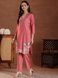 Libas Womens Embroidered Silk Blend Co-Ord Set For Women Coral Xs