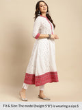 Rangita Women 100% Cotton Off White Contrast Placket Ikat Printed Calf Length Anarkali Kurti