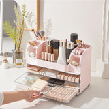 Makeup Organizer for Vanity Countertop with 2 Large Drawers, Spacious Display Cabinet, Partitioned Top Compartment 6 Brush Holde