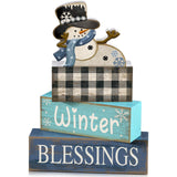 Moucuny 4 Pcs Winter Table Decorations Playful Snowman Decor Indoor Winter Tiered Tray Decor Rustic Wooden Decorative Snowman Bl