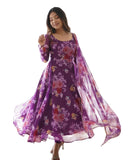 Women Floral Print Anarkali Kurta With Pant And Duptta (Medium Purple-1),Purple-1,M