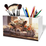 HYKDFMNCJ Highland Cow Pen Holder for Desk, Rustic Floral Farm Heifer Wooden Box Sign Desk Decor for Home Office Decoration, Hig
