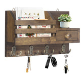 HOMEBROS Key Holder Wall Mount, Wooden Adhesive Mail and Key Organizer with Drawer, Small Shelf, 8 Hooks, 2 Installation Methods